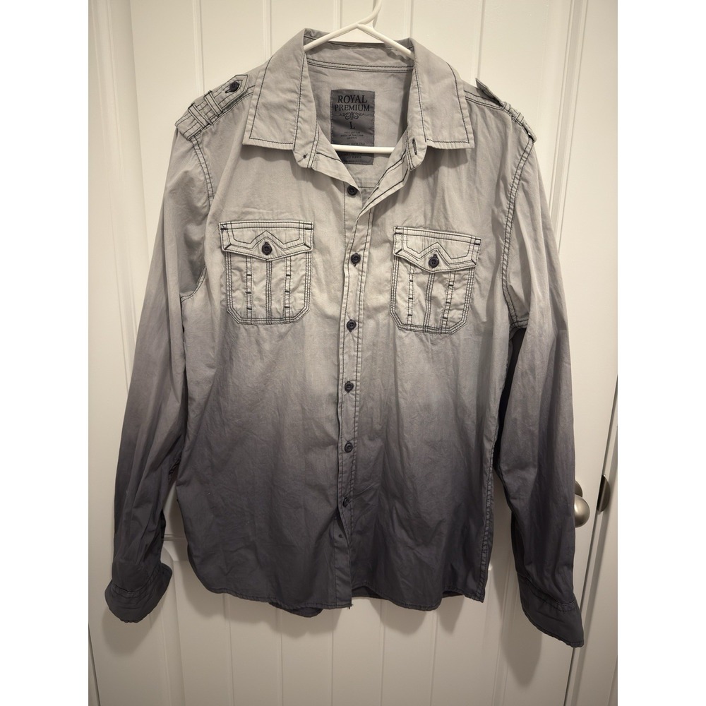 Royal Premium Mens Grey Ombre Button Down Shirt Long‎ Sleeve Dip Dye Cotton L
